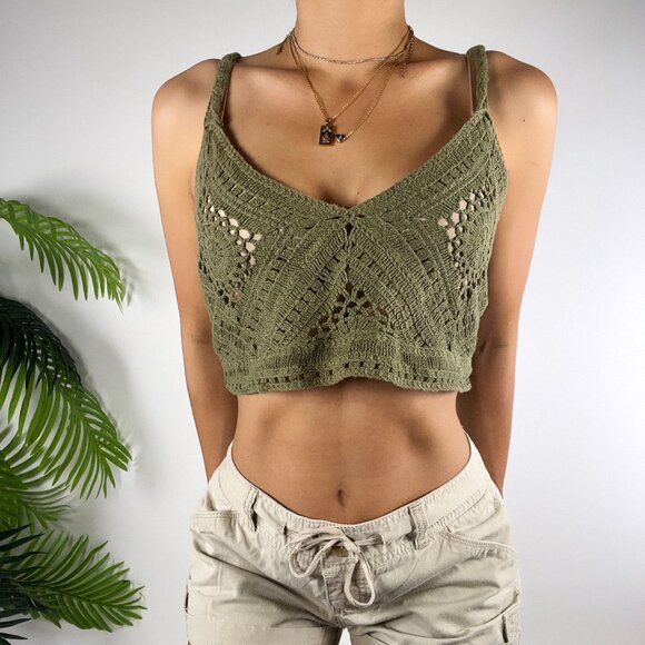 Womens Green Granola Girl Beachy Coastal Chic Crochet Knit Cropped Tank Top /OS - Picture 3 of 7